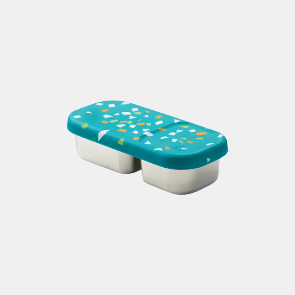 color::Lagoon Terrazzo | Lagoon dual sided container featuring terrazzo lid with orange, white and green flecks on white background.