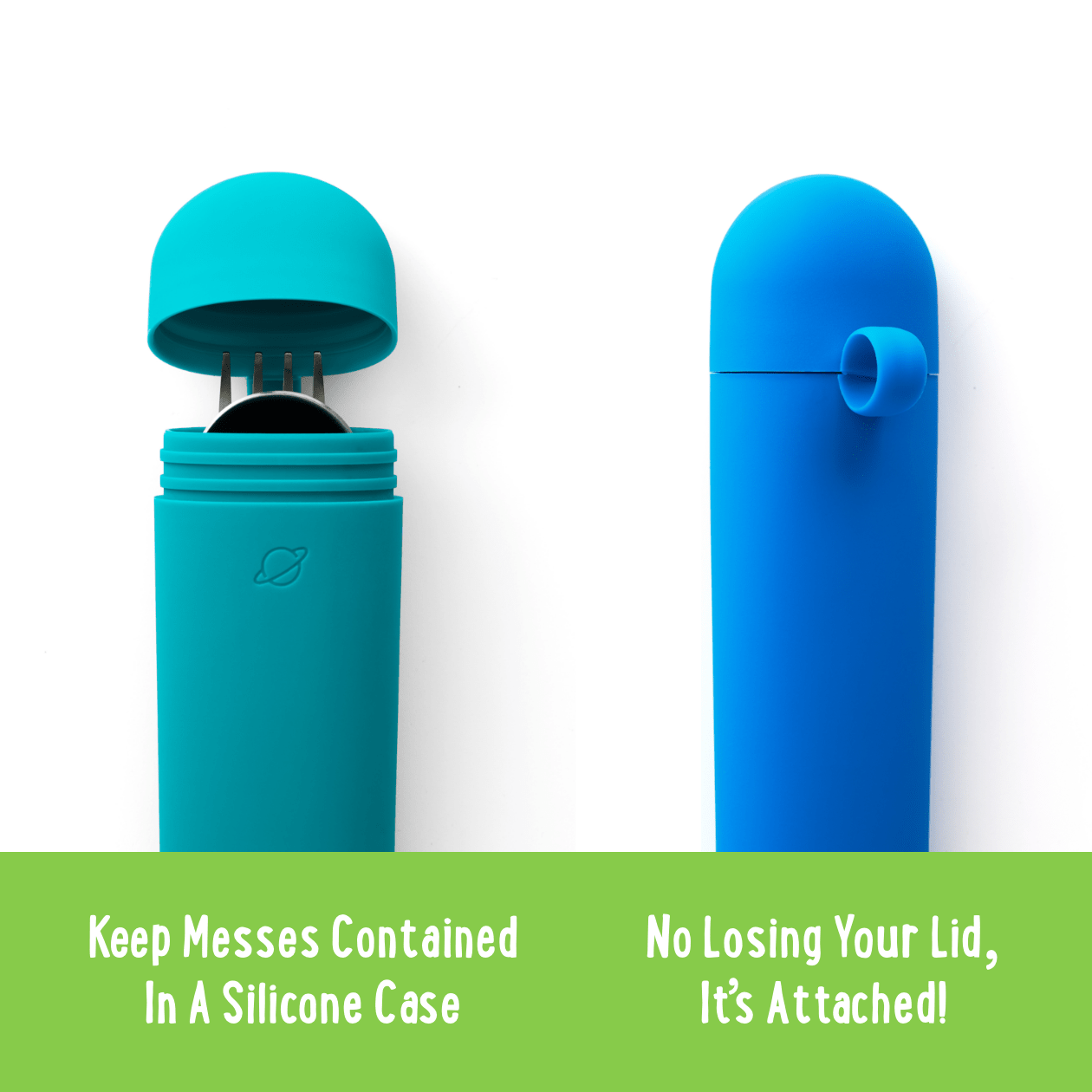 Infographic of utensil set "Keep messes contained in a silicone case" "No losing your lid, it's attached"