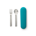 color::Lagoon | Deconstructed view of utensil set showing fork and spook alongside the Lagoon (Teal) case.