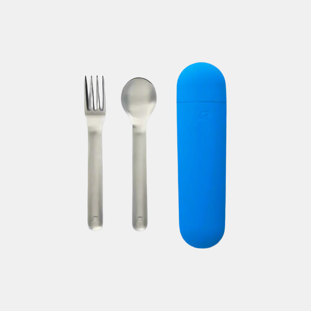 color::Ocean| Deconstructed view of utensil set showing fork and spook alongside the Ocean (Blue) case.