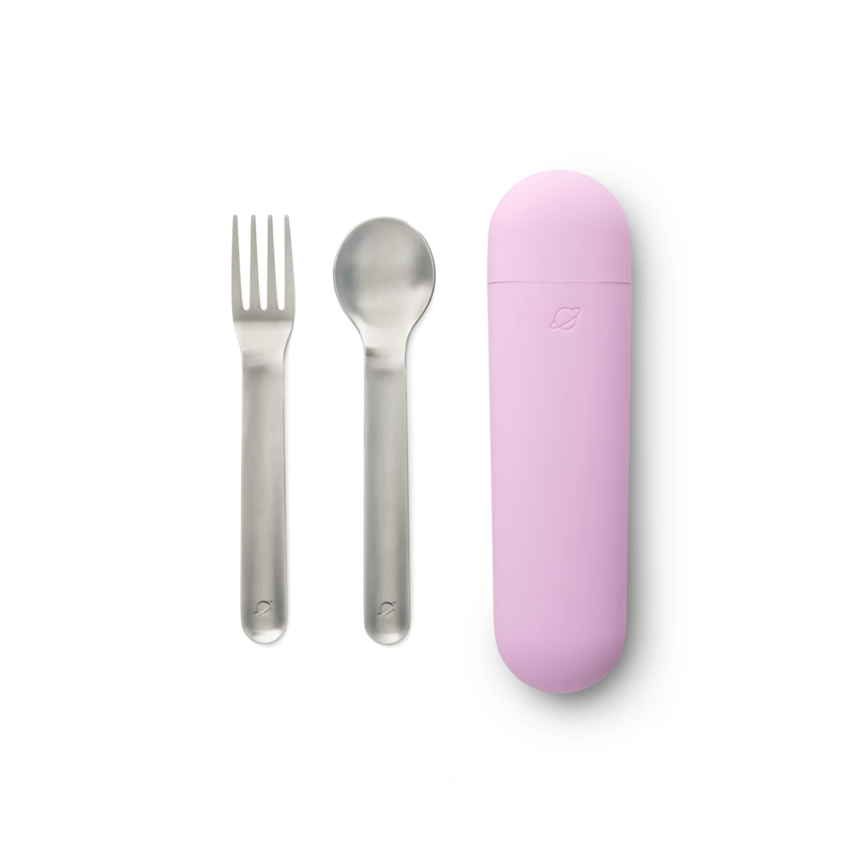 color::Orchid | Deconstructed view of utensil set showing fork and spook alongside the Orchid (Pink) case.