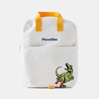 color::Rockin' Dino | White lunch tote with Dinosaur graphic, bright Yellow handles and Blue PlanetBox logo.