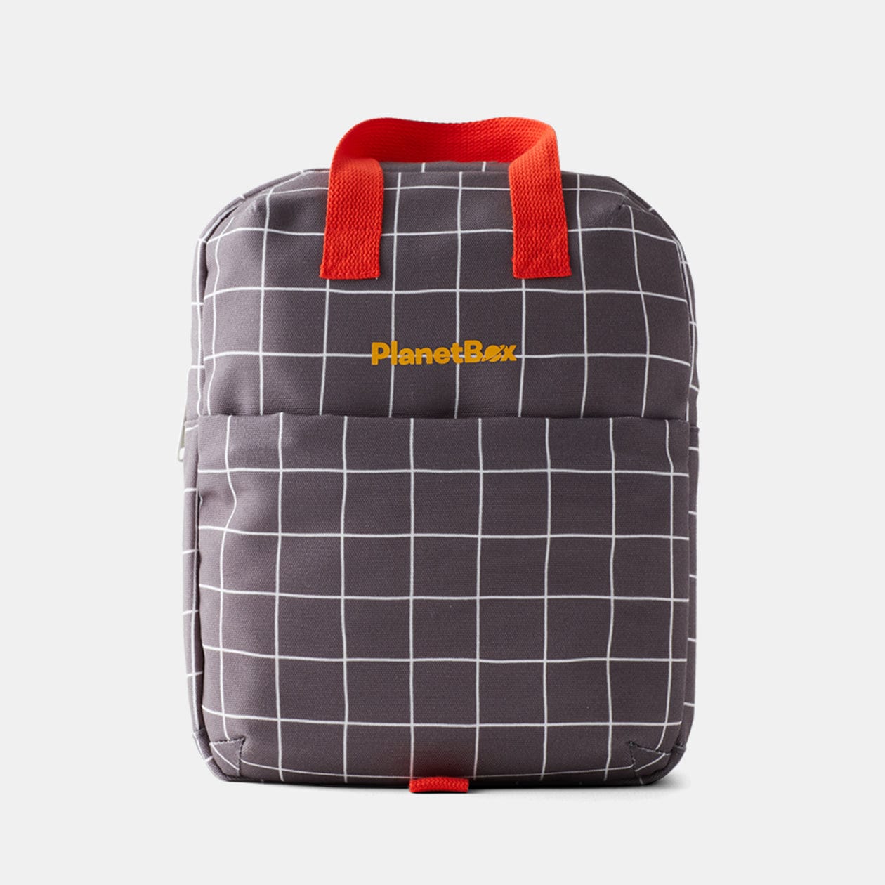 color::Gull Grey Grid | Grey lunch tote with white grid design, Red handles, and Yellow PlanetBox logo.