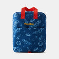 color::Space | Blue lunch tote with White astronautical graphics and Red handles.