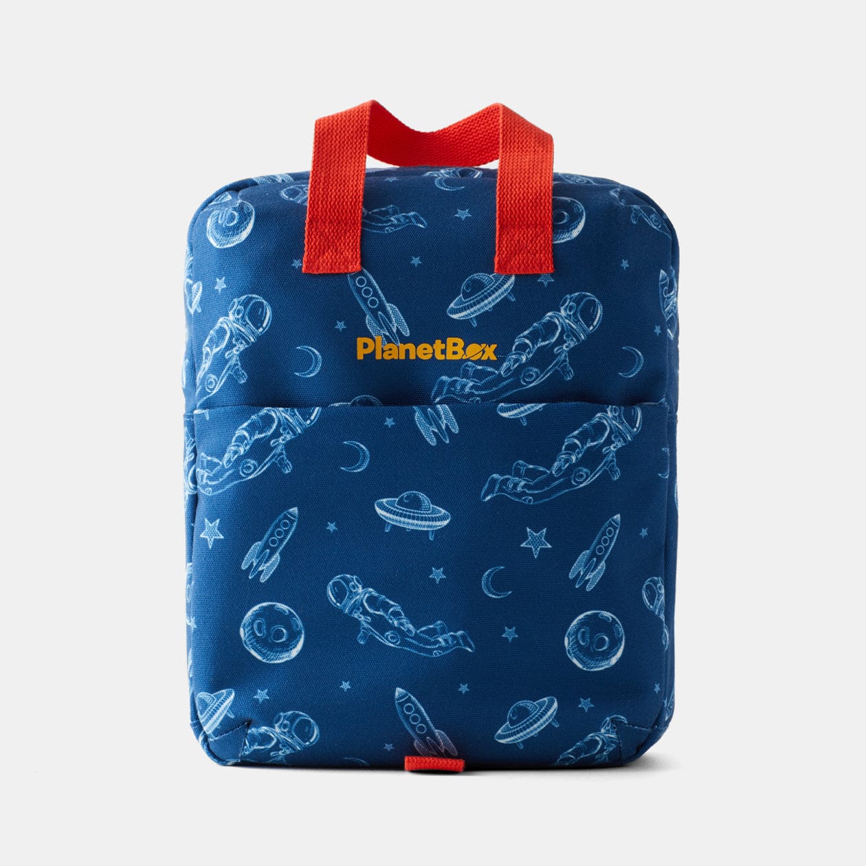 color::Space | Blue lunch tote with White astronautical graphics and Red handles.