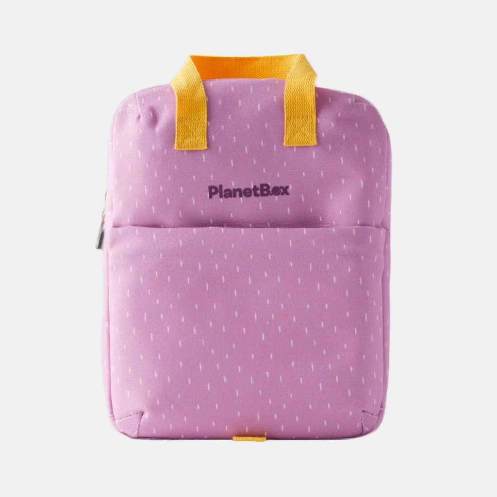 Pink lunch tote with white dashes, Yellow handles and Purple PlanetBox logo.