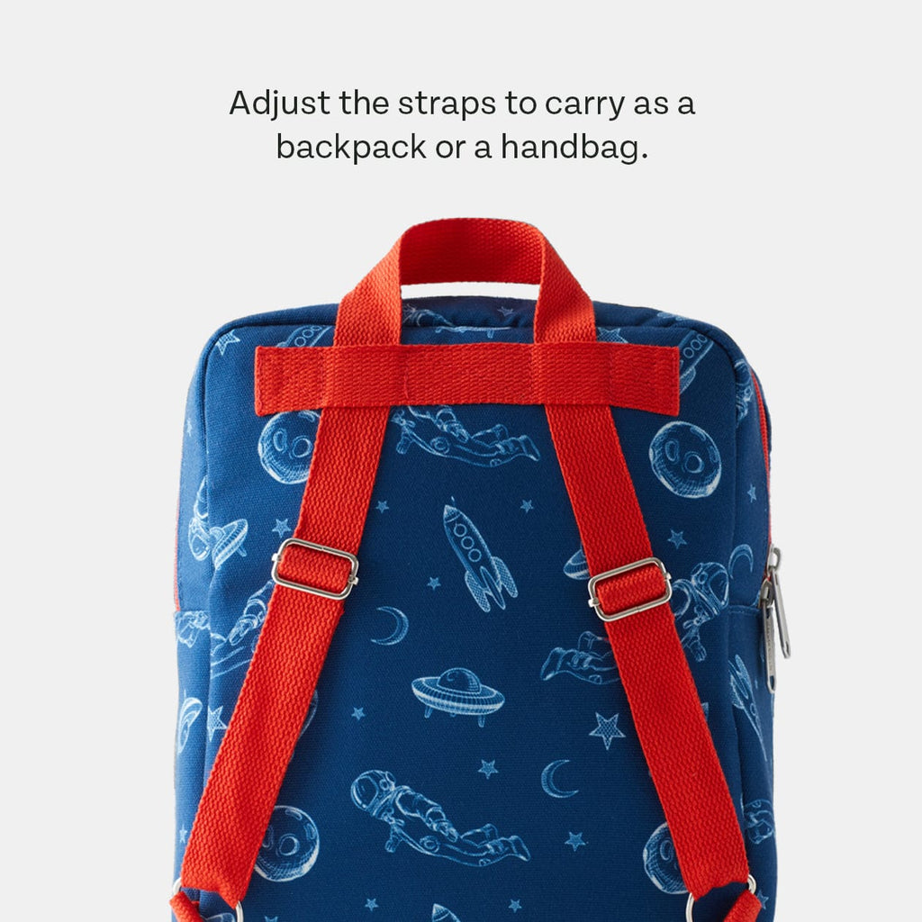 Display of lunch tote handles that can be adjusted to form a back pack, or handle bag. 