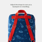 Display of lunch tote handles that can be adjusted to form a back pack, or handle bag. 