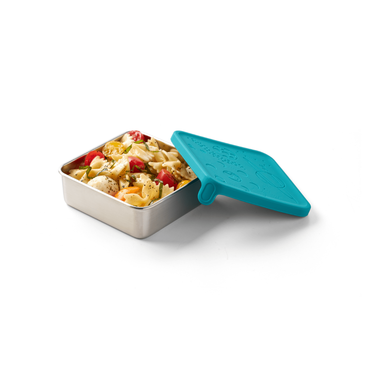 color::Galactic | Teal colored silicone lidded container with pasta salad inside.