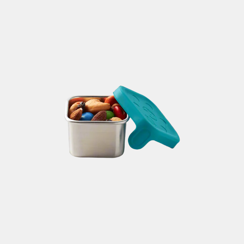 color::Galactic | open view of Galactic (teal) colorway of small dipper container with trail mix inside. 