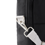 Closeup view of metal hardware on adjustable strap latch point showing removable clip.