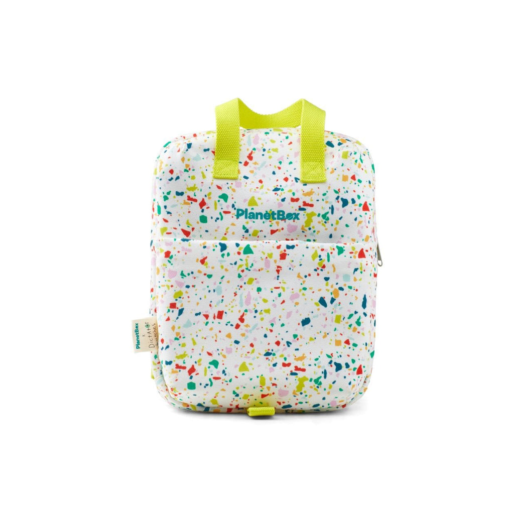 color::Dictator Lunches Terrazzo | Terrazzo print tote bag with bright yellow accents and multi color specks. 