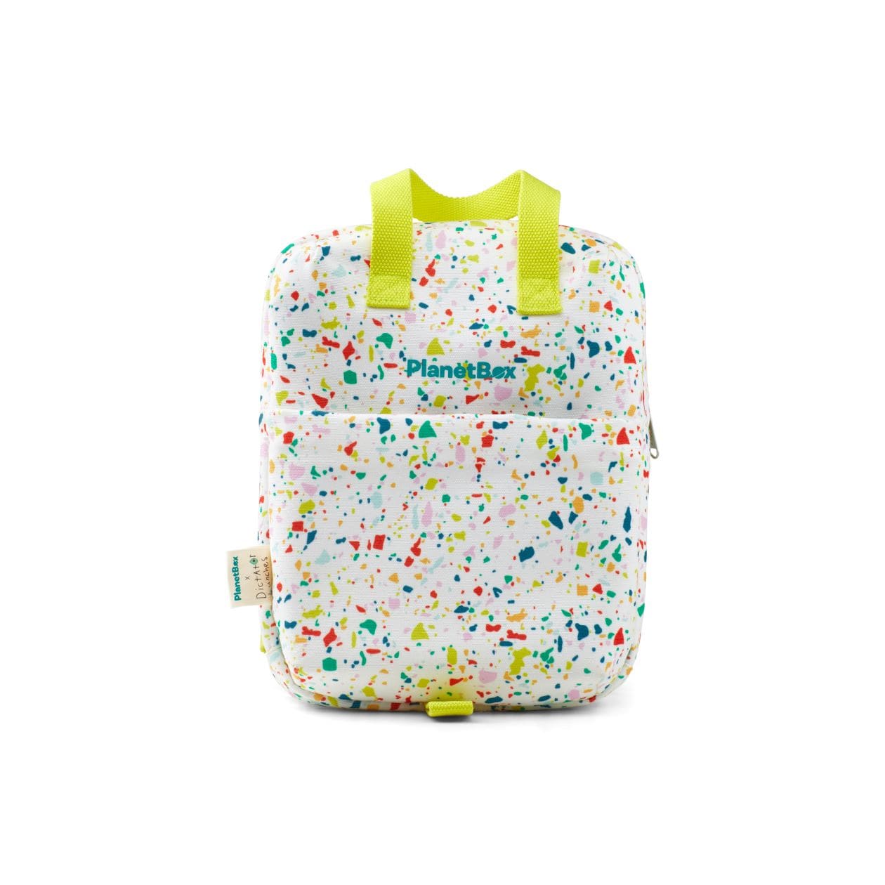 color::Dictator Lunches Terrazzo | Terrazzo print tote bag with bright yellow accents and multi color specks. 